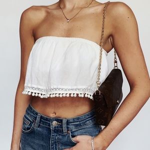 Strapless Flowy Lace Trim Crop Top Bandeau White